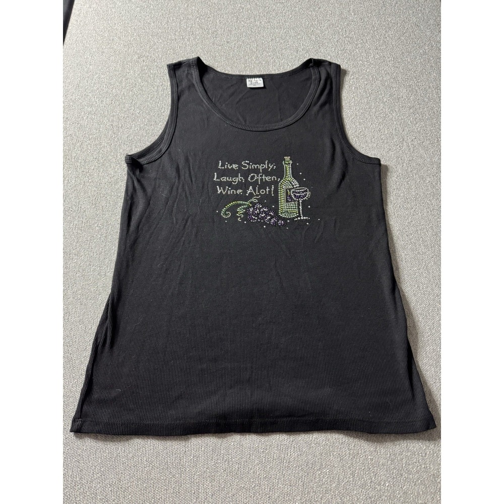 Rhinestone Cute Women's Black Live Simply, Laugh Often, Wine Alot Tank Top XL